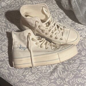 Converse White High-Top Sneakers with Blue Embroidery